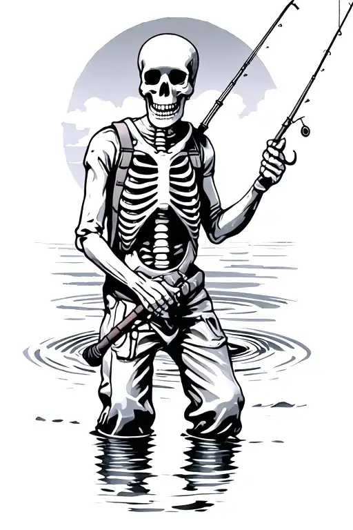 Skeleton In Waders Fishing