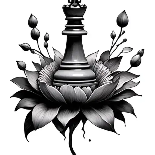 Create A Visual Tattoo Design For A Chess Queen Piece That Is Bursting Into Petals From The Bottom