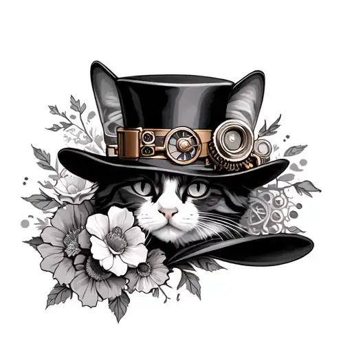 Steampunk Style Tattoo For Foot With Delicate Flowers A Cat In A Top Hat And Cogs