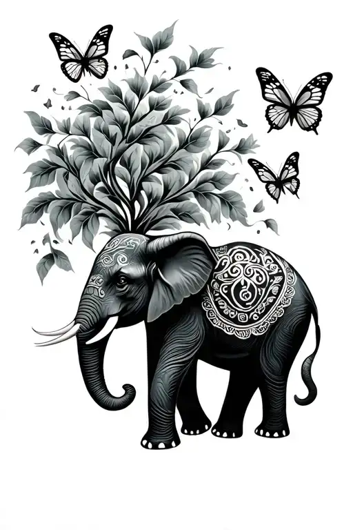 Hmong Elephant Symbol With Butterflies Flying