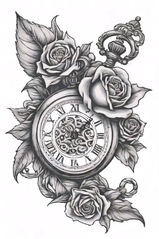 Pocket Watch On Top With A Rose Intertwined With A Banner For Text In The Middle