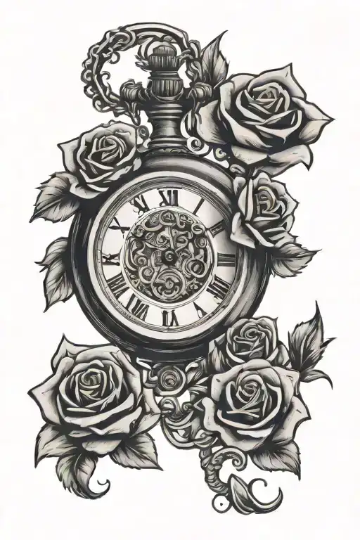 Pocket Watch With A Banner Wrapped With Roses Intertwined