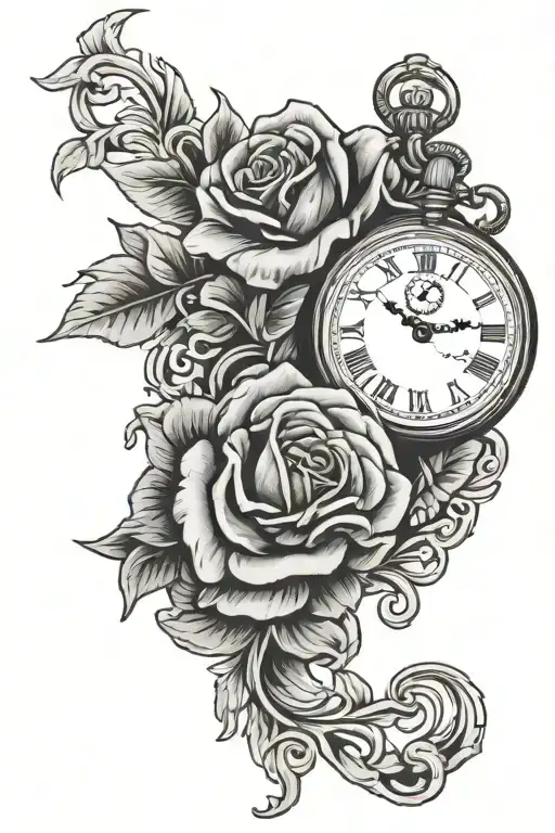 Pocket Watch With A Banner Wrapped With Roses Intertwined