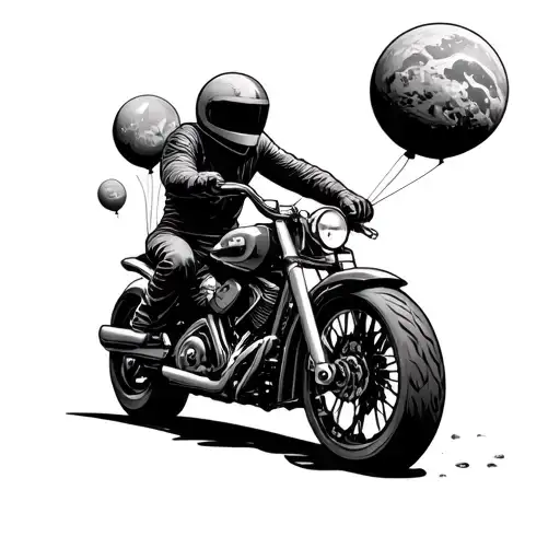 Motorcycle Rider Holding Onto Planets Like Balloons