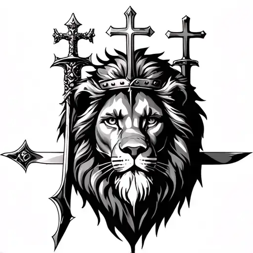 Lion And Jesus Christ With Crown With Cross In The Lions Eye And A Sword Spliting Both