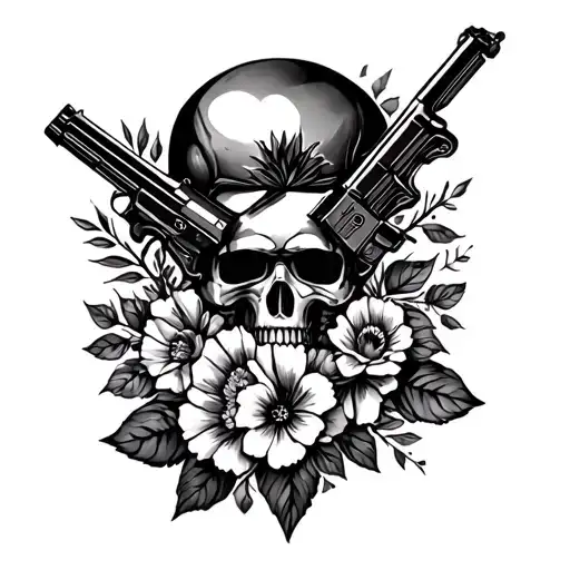 Arm Tattoo With A Hunter Of Flowers Guns And Hearts