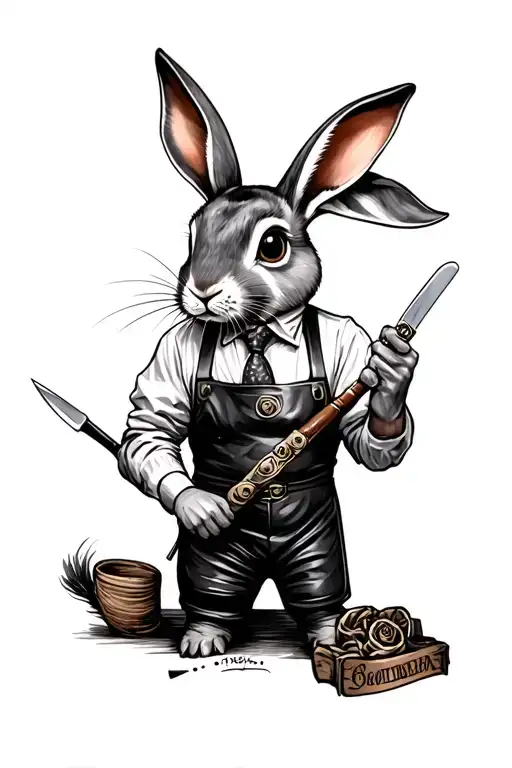 Monochromatic Steampunk Jack Rabbit Barber With Leather Apron And Straight Razor