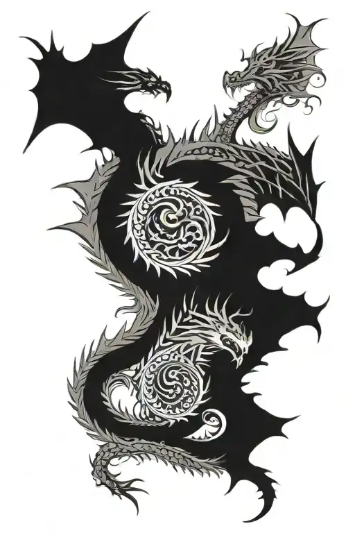 Five Dragons Flying Up Spine With Small Design In The Middle