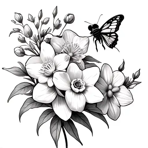 Larkspur And Daffodil Flower With Bee And A Butterfly