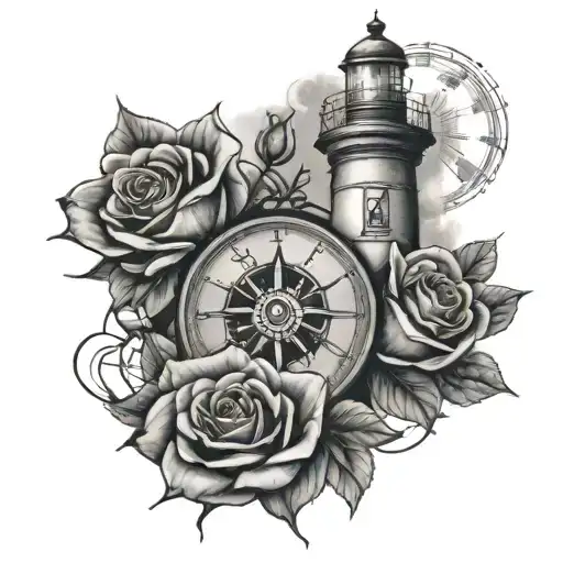Roses Clock Compass Lighthouse Family Holding Hands
