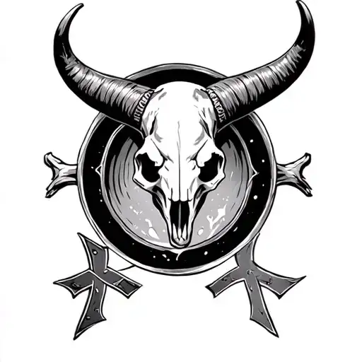 Long Horn Skull With Cowboy Inside With Cross Leg Sleeve