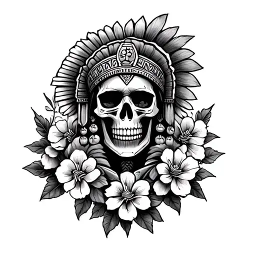 Aztec Guerrero Skull With Servant Suit And Cherry Flowers Around