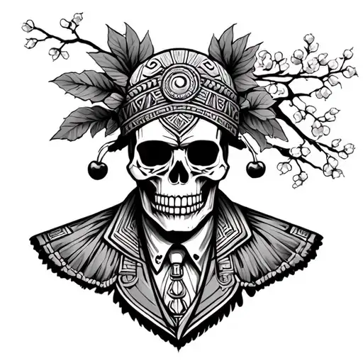Azteca Guerrero Skull With A Servant Suit And Cherry Trees