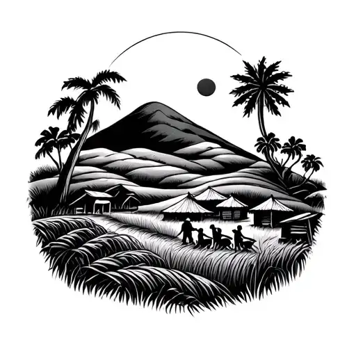 Filipino Style Rice Hills On Left And Right With Huts On Tem And People Working With A Filipino Sun