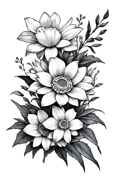 Chrysanthemum And Daffodils Fine Line Tattoo Sleeve