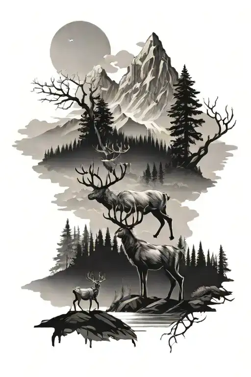Mountains With Deer And Hunters Walking