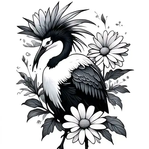 Crane With Daisies And Mums