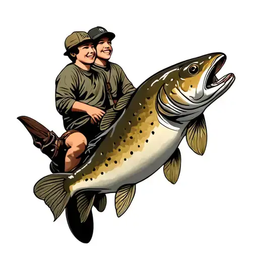 Brown Trout Being Rode By Two Boys Sitting