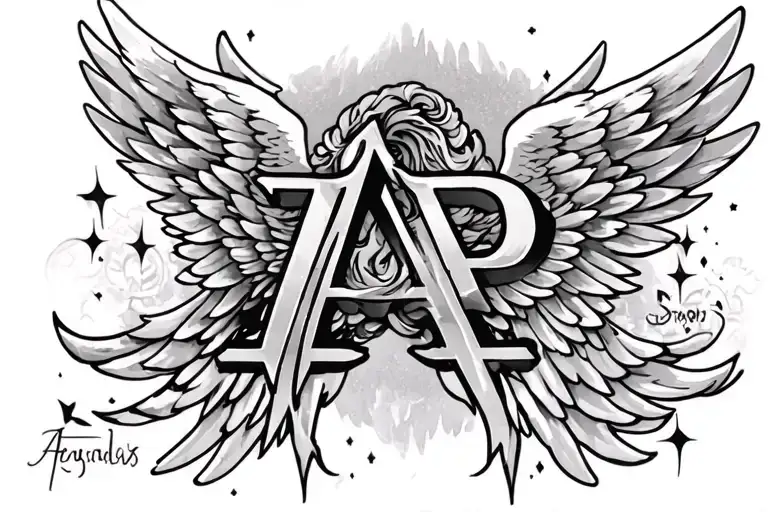 Chest Tattoo With Angel Wings And Letters Ap Letter Represent