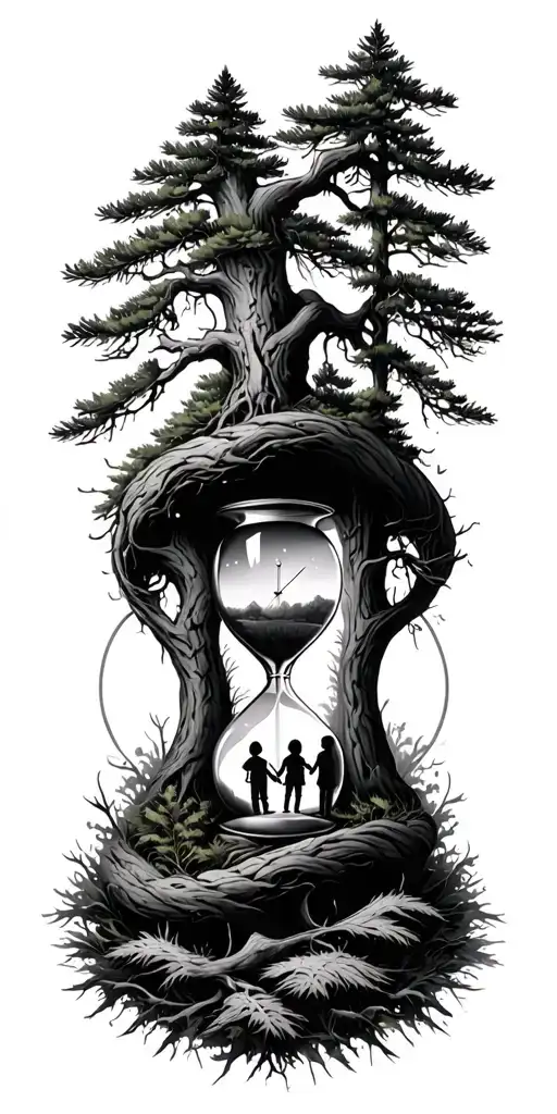 Pine Forest Wrap Around And Family Tree And Hour Glass Father With 3 Kids