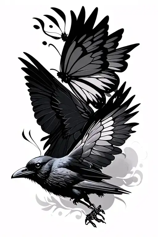 Crow Chasing A Butterfly Flying