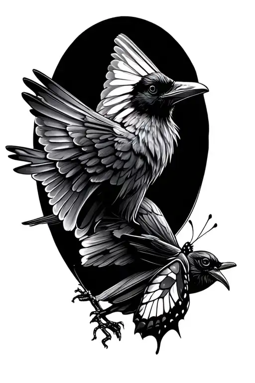 Crow Chasing A Butterfly Flying