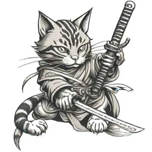 Cat Samurai Holding A Katana In Front Of Him Ready To Fight