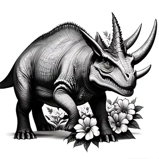 Triceratops Surrounded By Flowers Blooming