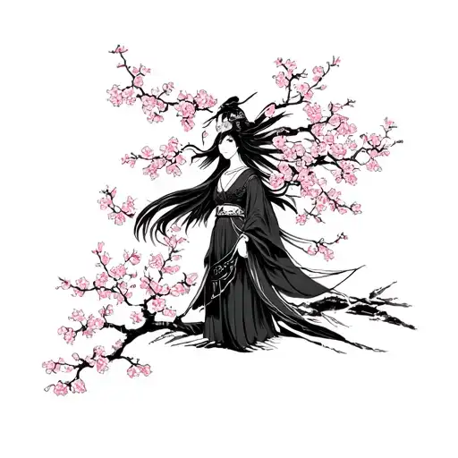 Janapese Samarai Standing By Cherry Blossom