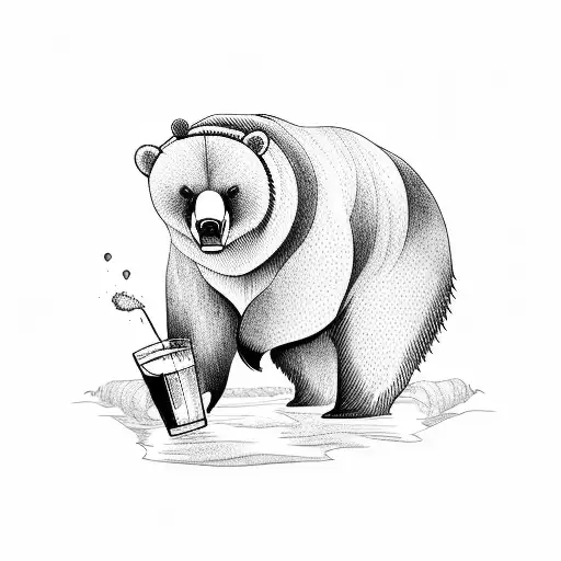 A Blackwork Tattoo Depicting A Bear Enjoying Its Favorite Alcoholic Beverage