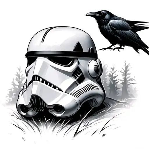Crow On An Abandoned Stormtrooper Helmet From Star Wars In A Forest