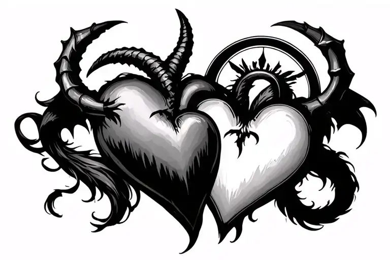 2 Hearts Seperated One With Devil Horns And Tail The Other With A Halo