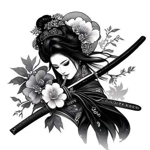 Flores Y Geisha Holding A Katana