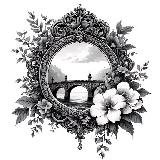 Ornate Frame With Bridge And Falling Flower Bouquet