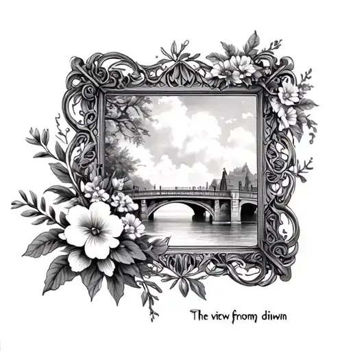 Square Ornate Frame With Bridge And Falling Flower Bouquet With The Words The View From Halfway Diwn