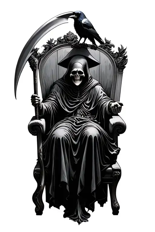 Grim Reaper On A Throne Holding A Scythe With A Raven Sitting On Top