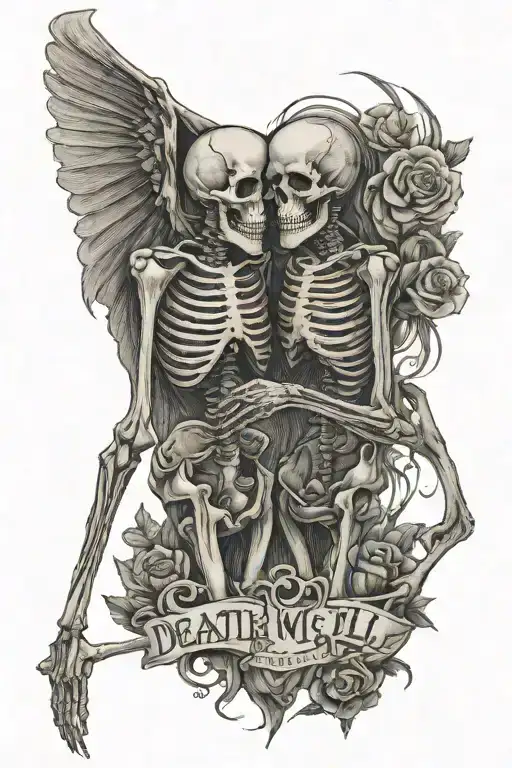 Two Skeletons Holding Each Other With The Words Death Will Not Part Us