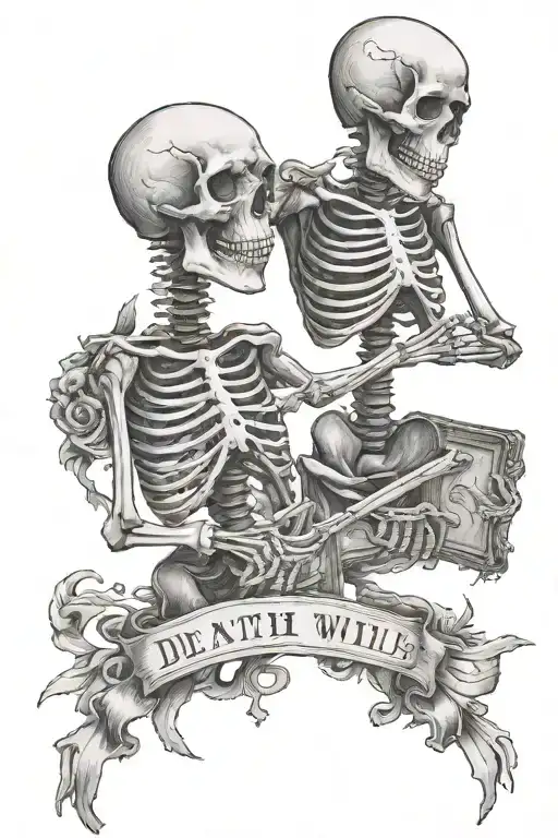 Two Skeletons Holding Each Other With A Picture Frame The Words Death Will Not Part Us On It