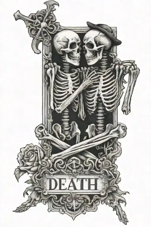 Two Skeletons Holding Each Other With A Picture Frame The Words Death Will Not Part Us On It