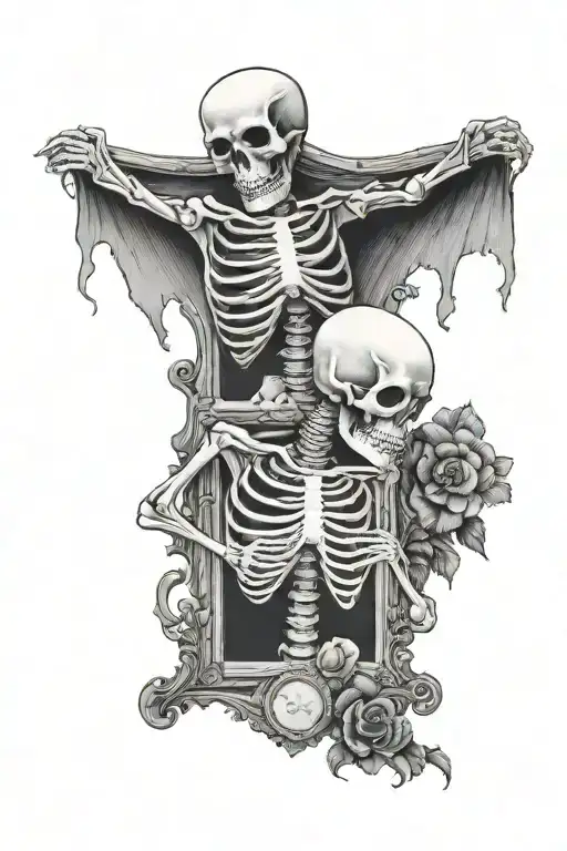 Two Skeletons Holding Each Other With A Picture Frame The Words Death Will Not Part Us On It