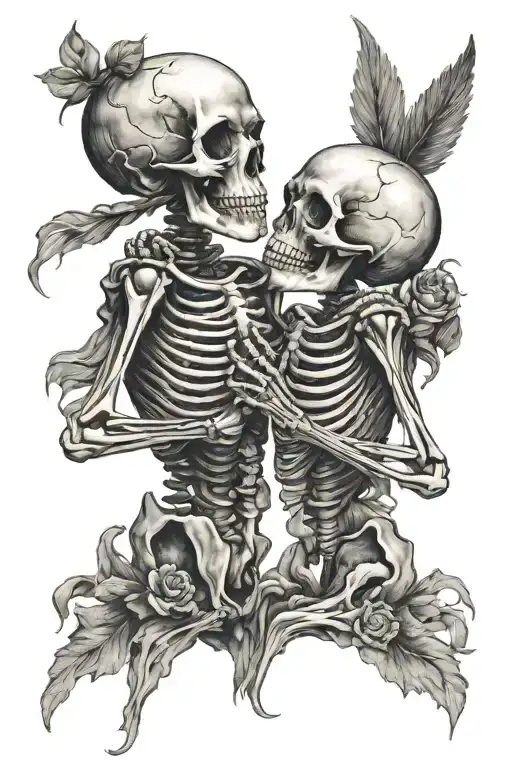 Two Skeletons Stand Kissing And Holding Each Other