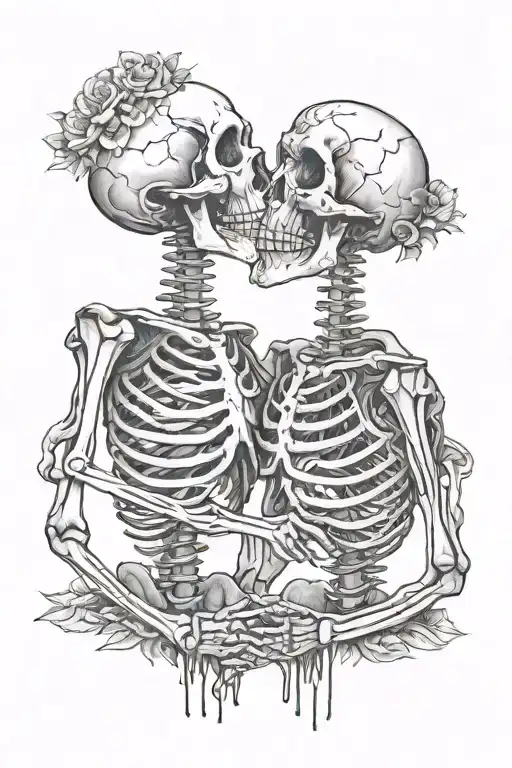 Two Skeletons Stand Kissing And Holding Each Other