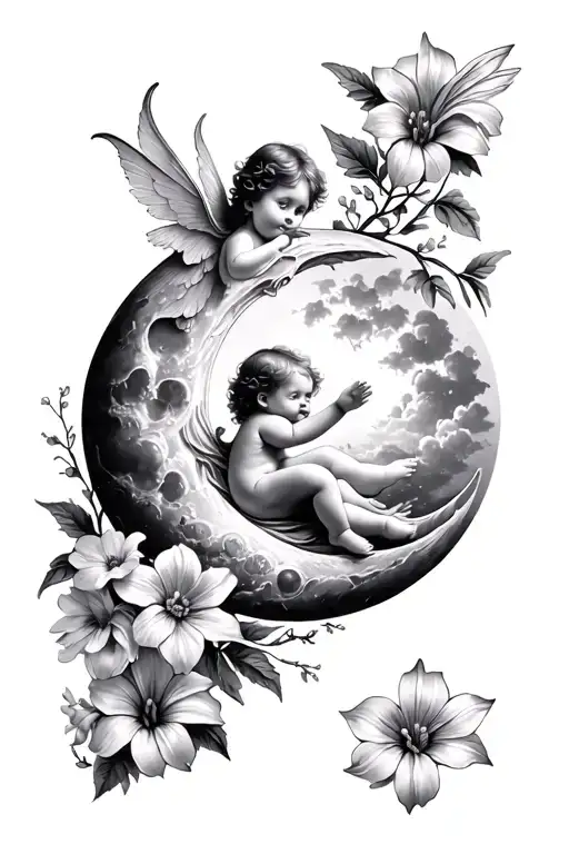 Waxing Gibbous Moon With A Cherub Baby Fairy And Aster And Morning Glory Flowers