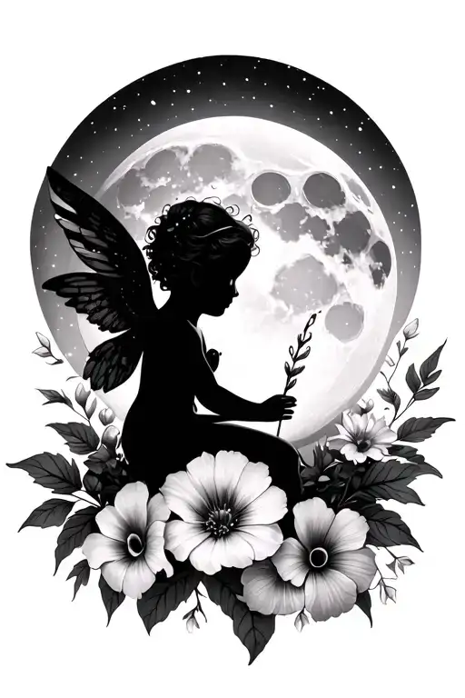 Waxing Gibbous Moon With A Cherub Baby Fairy Silhouette And Aster And Morning Glory Flowers