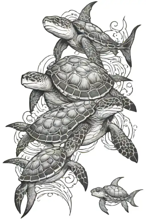 Ocean And Turtles And Shark Surrounded