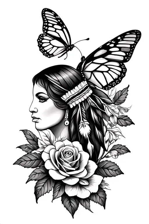 Native American Traditional Tattoo With Roses And Butterflys