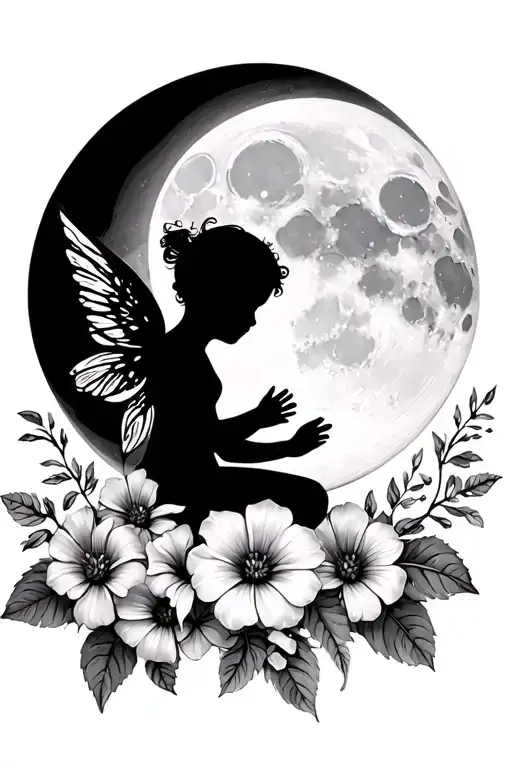 Waxing Gibbous Moon With A Cherub Baby Fairy Silhouette And Aster And Morning Glory Flowers