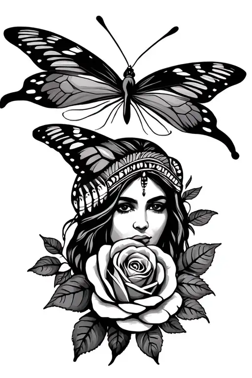 Native American Traditional Memorial Tattoo With Roses And Butterflys