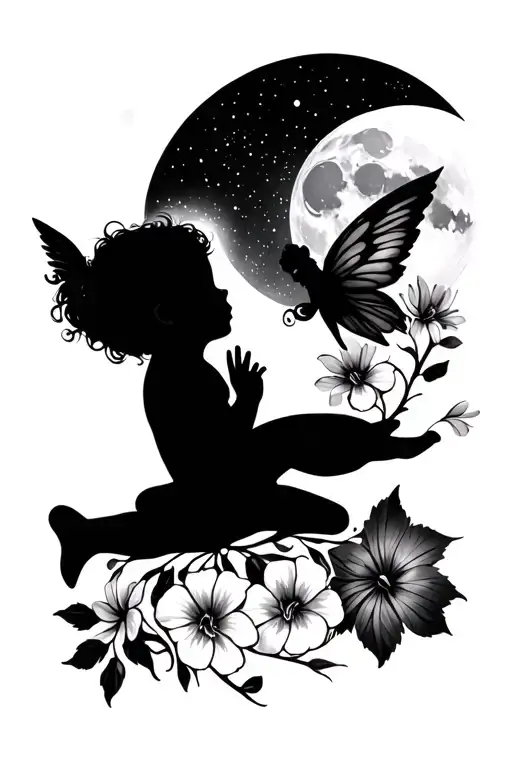 Waxing Gibbous Moon With A Cherub Little Baby Fairy Silhouette And Aster And Morning Glory Flowers