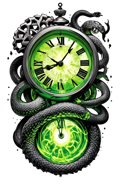 Clock And Inside Have Like 4 Gears Glowing Smaragd Green And Snake Around The Clock